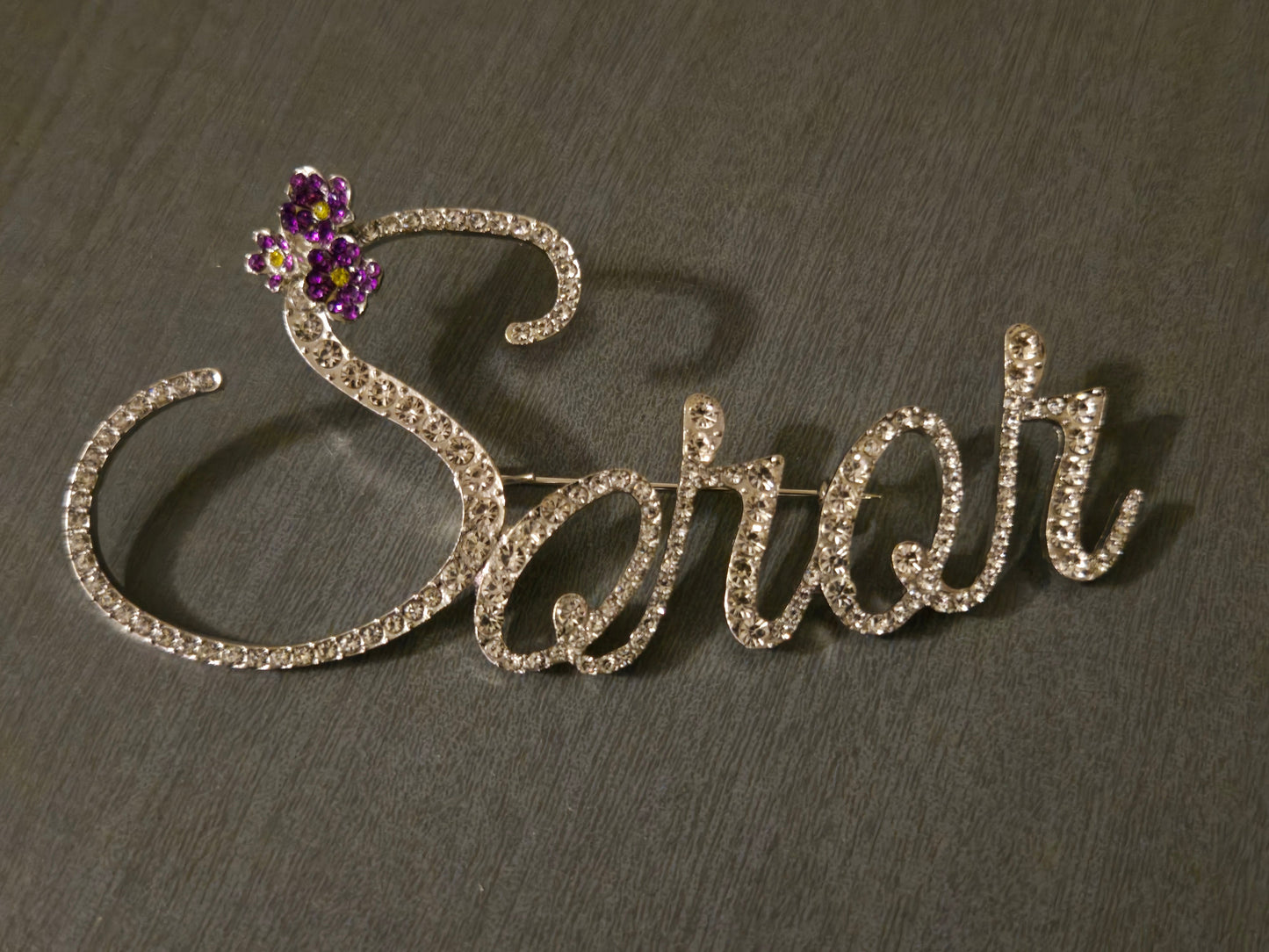 Rhinestone "Soror" Pin w/ Purple Violet Accent